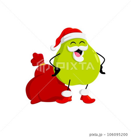 Cartoon Christmas ripe raw green pear fruit character with gifts bag. Isolated vector xmas Father Noel personage deliver presents, spreading festive spirit and joy. Healthy vitamin food Saint Nicholas 106095200