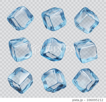 Realistic ice cubes, crystal icy blocks. Isolated 3d vector blue glass pieces for drink cooling, clean square blocks, frozen water for alcohol or cocktail beverages set on transparent background 106095212