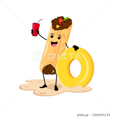 Cartoon burrito tex mex food character on summer vacation. Isolated vector Mexican meal personage enjoying ocean holiday with inflatable ring and cocktail having fun and recreation at beach sea resort 106095234
