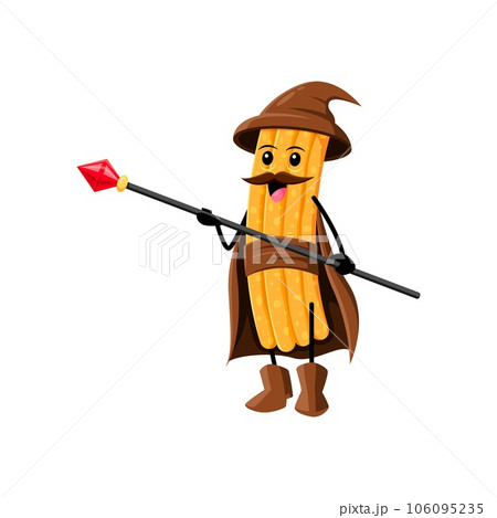 Cartoon Halloween churros tex mex food wizard and mage character. Isolated vector magical personage made of churro dough, casting delicious spells to create crispy and sugary treats for holiday 106095235