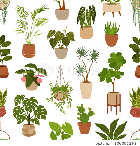 Pot with green plants seamless pattern, flowers and succulents. Office flowerpots. Cartoon vector tile wallpaper with houseplants monstera, cacti and ficus. Alocasia, sansevieria, strelitzia and agave 106095261