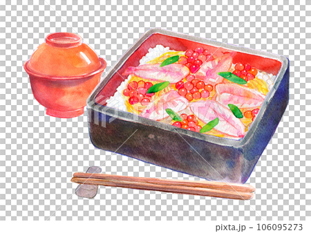 Chirashizushi in a layered box sushi watercolor illustration 106095273