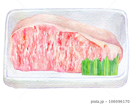 水彩イラスト　手描き　パックに入った霜降り和牛　 106096170
