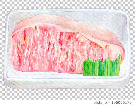 水彩イラスト　手描き　パックに入った霜降り和牛　 106096170
