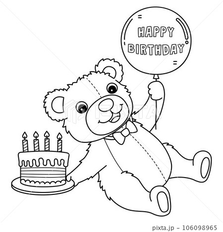 Happy Birthday Teddy Bear Isolated Coloring Page 106098965