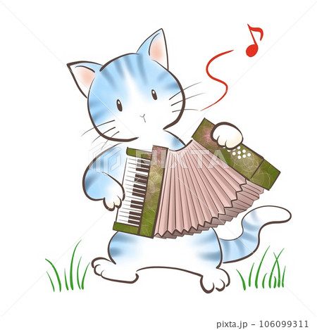 ネコが楽しそうにアコーディオンを弾いているイラスト 106099311