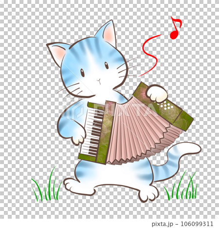 ネコが楽しそうにアコーディオンを弾いているイラスト 106099311