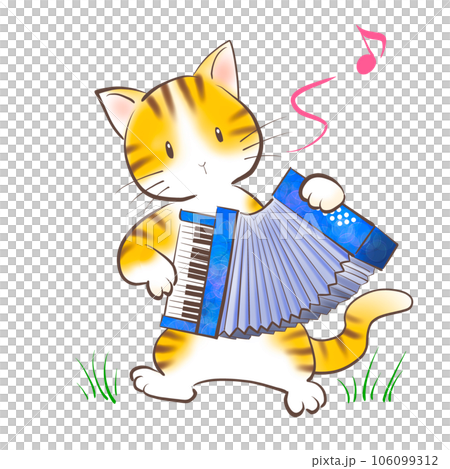 Illustration of a cat happily playing the accordion 106099312