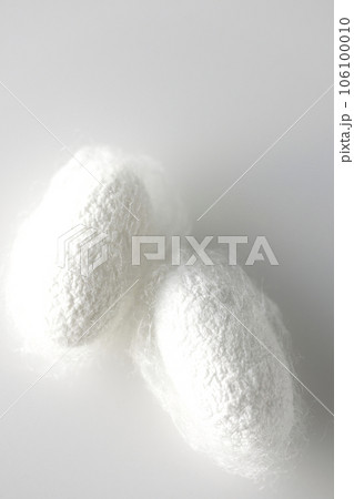 蚕が作り出す白い繭玉を白背景で撮影 106100010