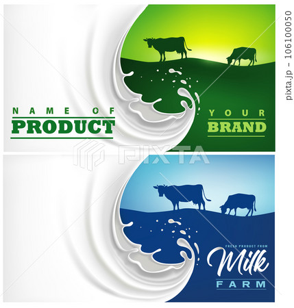 Template milk splash banner with cows on farm field Template milk splash banner with cows on farm field 106100050
