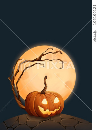 Halloween night, pumpkin and moon, cute illustration for card. Place for text 106100121