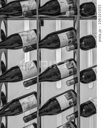 wine bottles on shelf display at the restaurant 106101055