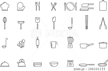 モノクロの料理線画のアイコンセット 106101133