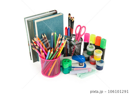 Set of school supplies isolated on white . Back to school. 106101291