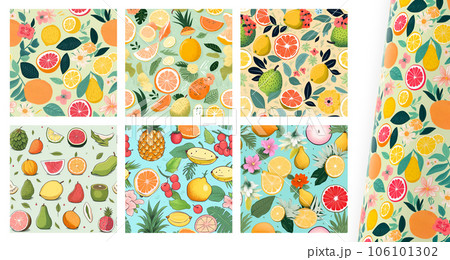 Colorful Tropical Fruits Seamless Patterns Setのイラスト素材