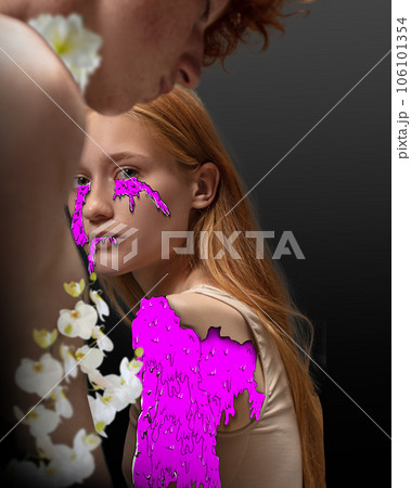 Young redhead woman crying, feeling sad. Guy helping her to recover. Blooming feelings. Contemporary art collage. Young redhead woman crying, feeling sad. Guy helping her to recover. Blooming feelings. Contemporary art collage. 106101354