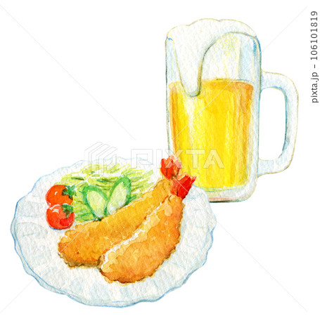 水彩イラスト　生ビールとエビフライ 106101819