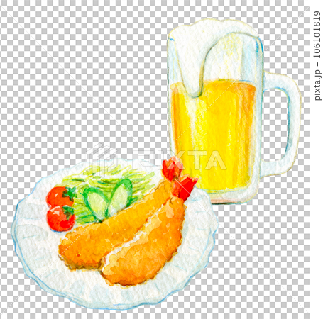 水彩イラスト　生ビールとエビフライ 106101819