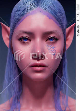 Fantasy elven woman with purple hair. Long purple hair, pointy elven ears, beautiful makeup on her face. 3D render Fantasy elven woman with purple hair. Long purple hair, pointy elven ears, beautiful makeup on her face. 3D render 106102008
