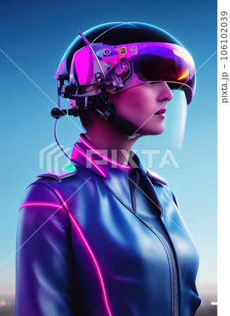 Portrait of a fictional futuristic female pilot in an aviation helmet and pilot's suit, against a background of neon lights. 3d rendering 106102039