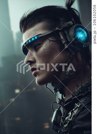 A realistic portrait of a man wearing a cyberpunk headset and cyberpunk gear. High-tech futuristic man from the future. The concept of virtual reality and cyberpunk. 3D render 106102056
