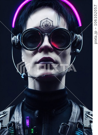 Portrait of a man wearing a cyberpunk headset and cyberpunk gear. A high-tech futuristic man from the future. The concept of virtual reality and cyberpunk. 3D rendering. Portrait of a man wearing a cyberpunk headset and cyberpunk gear. A high-tech futuristic man from the future. The concept of virtual reality and cyberpunk. 3D rendering. 106102057