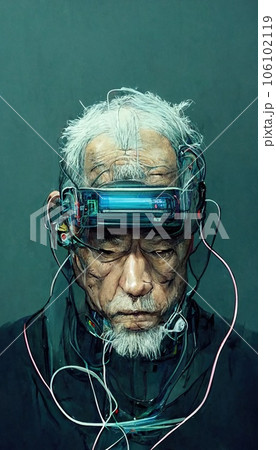 Portrait of a grandfather in a futuristic cyberpunk style with a cyber headset. A high-tech man from the future. The concept of virtual reality and cyberpunk. 106102119