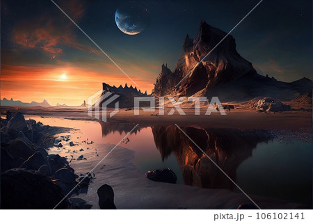 A deserted abstract colorful alien landscape. Alien planets during sunrise. A beautiful landscape on another planet. Generative AI Art. 106102141