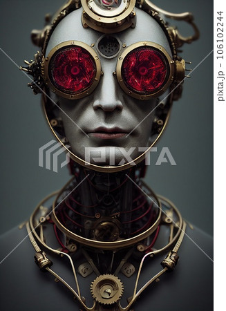 Portrait of a vintage robot. An artistic abstract steampunk fantasy. Concept of a retro robot. 3d rendering 106102244