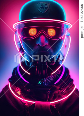 A stalker survivor in protective clothing and an neon gas mask. Survivor of nuclear war. 3d rendering A stalker survivor in protective clothing and an neon gas mask. Survivor of nuclear war. 3d rendering 106102366