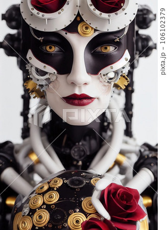 Portrait of a Victorian steampunk female robot. Artistic abstract steampunk fantasy. Vintage robot with red roses. 3d rendering, Portrait of a Victorian steampunk female robot. Artistic abstract steampunk fantasy. Vintage robot with red roses. 3d rendering, 106102379