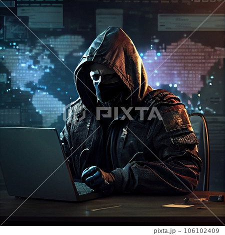 Portrait of a sci-fi cyberpunk hacker. High-tech futuristic man from the future. The concept of virtual reality and cyberpunk. Generative AI Art. 106102409