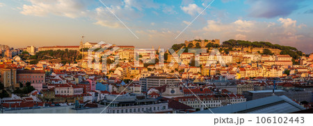View of Lisbon city from Miradouro de Sao Pedro de Alcantara viewpoint on sunset. Lisbon, Portugal. 106102443