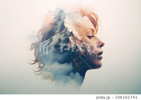 Double exposure silhouette head portrait of girl combined with photograph of mountains. Double exposure silhouette head portrait of girl combined with photograph of mountains. 106102741