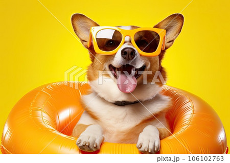 corgi dog wearing sunglasses with inflatable beach pool swim ring on yellow background corgi dog wearing sunglasses with inflatable beach pool swim ring on yellow background 106102763