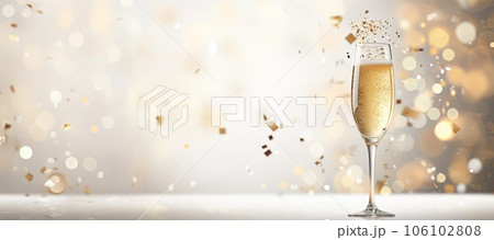 Light banner of festive glass of champagne on bokeh background 106102808