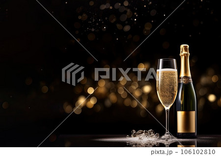 Dark festive glass of champagne and bottle on bokeh background 106102810