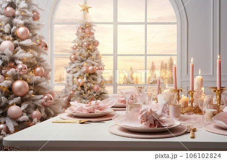 Festive christmas table setting for party. Light pastel color. christmas tree 106102824