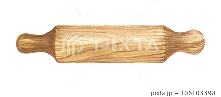 Watercolor kitchen wood rolling pin, utensils clipart for bakery decoration. Hand-drawn illustration isolated on white background. Perfect food menu, food drawing, design packing 106103398