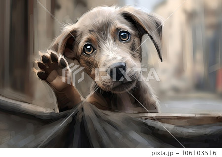 Homeless puppy raised paw watercolor illustration - Generative AI. 106103516