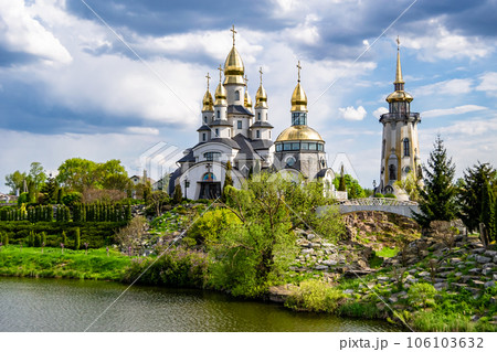 Christian church cross in high steeple tower for prayer 106103632