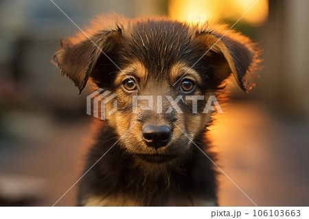 Homeless puppy photo realistic illustration - Generative AI. 106103663