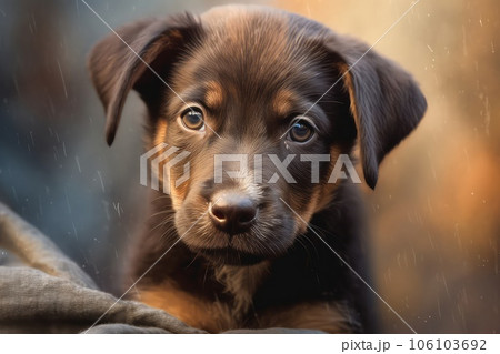 Homeless puppy photo realistic illustration - Generative AI. 106103692