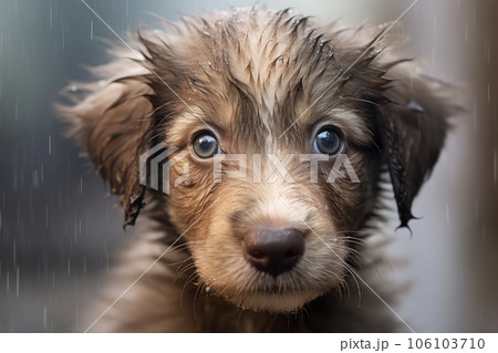 Homeless puppy photo realistic illustration - Generative AI. 106103710