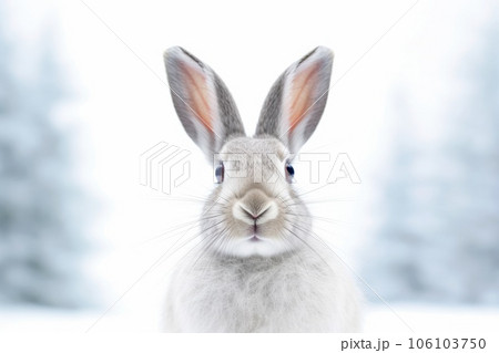 Portrait of cute bunny or rabbit against the backdrop of a winter forest 106103750