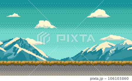 Pixel art background. Scene with snowy mountains, grass and clouds. Landscape for game or application. Retro video arcade style vector illustration. 106103860
