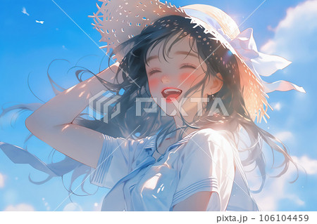 川の風景　～麦わら帽子の少女～ 夏、女の子、帽子、麦わら帽子、セクション、夏のアニメの女の子