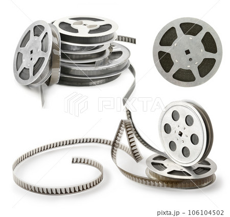 Collections old film strip in metal bobbins isolated on white. Various angles. 106104502