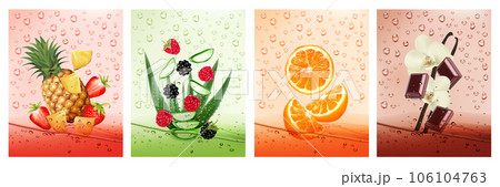 Set of labels with fruit and vegetables drink. Fresh fruits water splashing together- pineapple, strawberry, aloe vera, raspberry, orange, chocolate, vanilla in water drink splashing. Vector Set of labels with fruit and vegetables drink. Fresh fruits water splashing together- pineapple, strawberry, aloe vera, raspberry, orange, chocolate, vanilla in water drink splashing. Vector 106104763