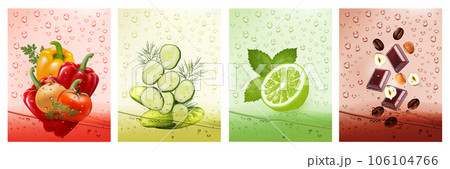 Set of labels with fruit and vegetables drink. Fresh fruits water splashing together- pepper, tomato, cucumber, dill, onion, parsley, lime, mint, coffee, hazelnut, chocolate in water drink. Vector Set of labels with fruit and vegetables drink. Fresh fruits water splashing together- pepper, tomato, cucumber, dill, onion, parsley, lime, mint, coffee, hazelnut, chocolate in water drink. Vector 106104766